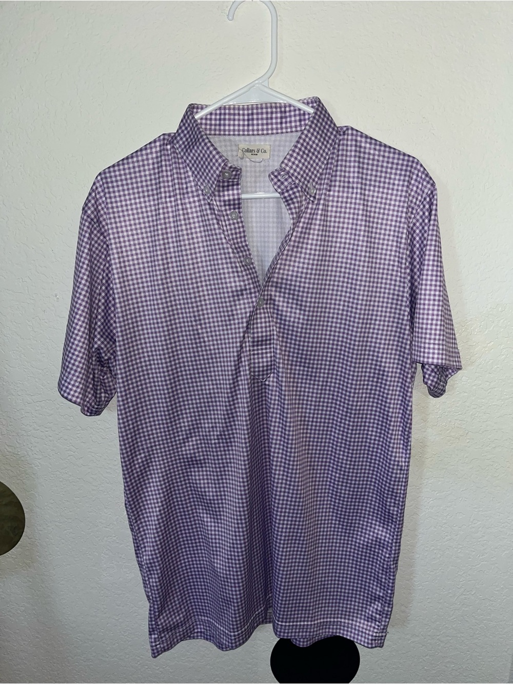 Collars & Co. Purple Lilac Gingham Semi-Spread Collar Relaxed Polo Shirt
